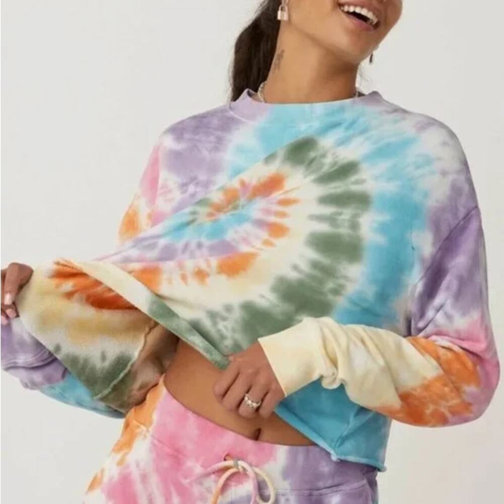 Daydreamer Tie Dye Cropped Sweatshirt Womens S Raw Hem Boho Long Sleeve Cotton
